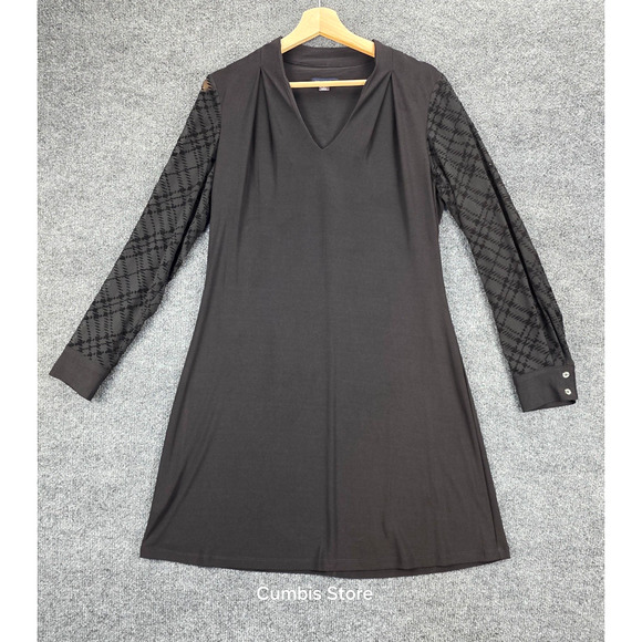 Tommy Hilfiger Dress Womens 10 Black V-Neck Long Sleeve Sheer Flocked A-Line - Picture 1 of 16